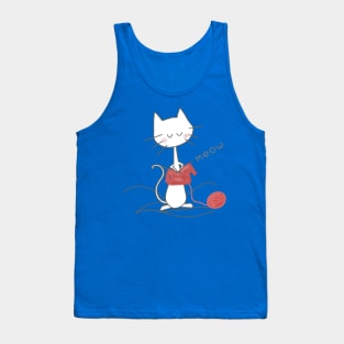 White Knitting Cat - Teal Tank Top